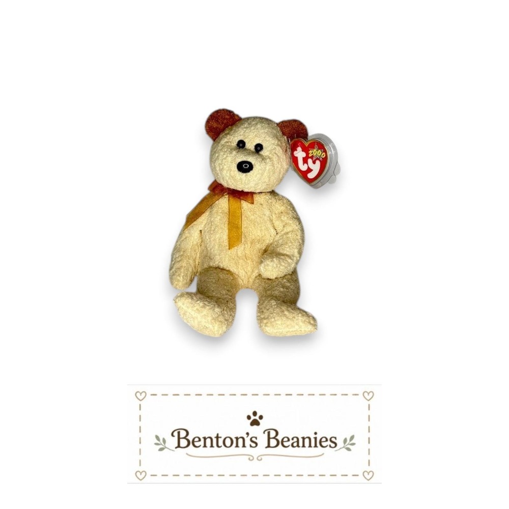 Huggy the Bear Ty Beanie Baby | Golden Ribbon Cuddler 🎀 | Mint Heart Tag ⭐
